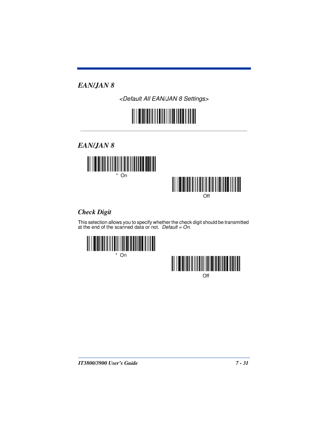 Hand Held Products IT3800, IT3900 manual Default All EAN/JAN 8 Settings 