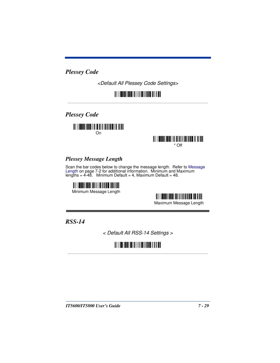 Hand Held Products IT5800, IT5600 manual Plessey Code, RSS-14, Plessey Message Length 