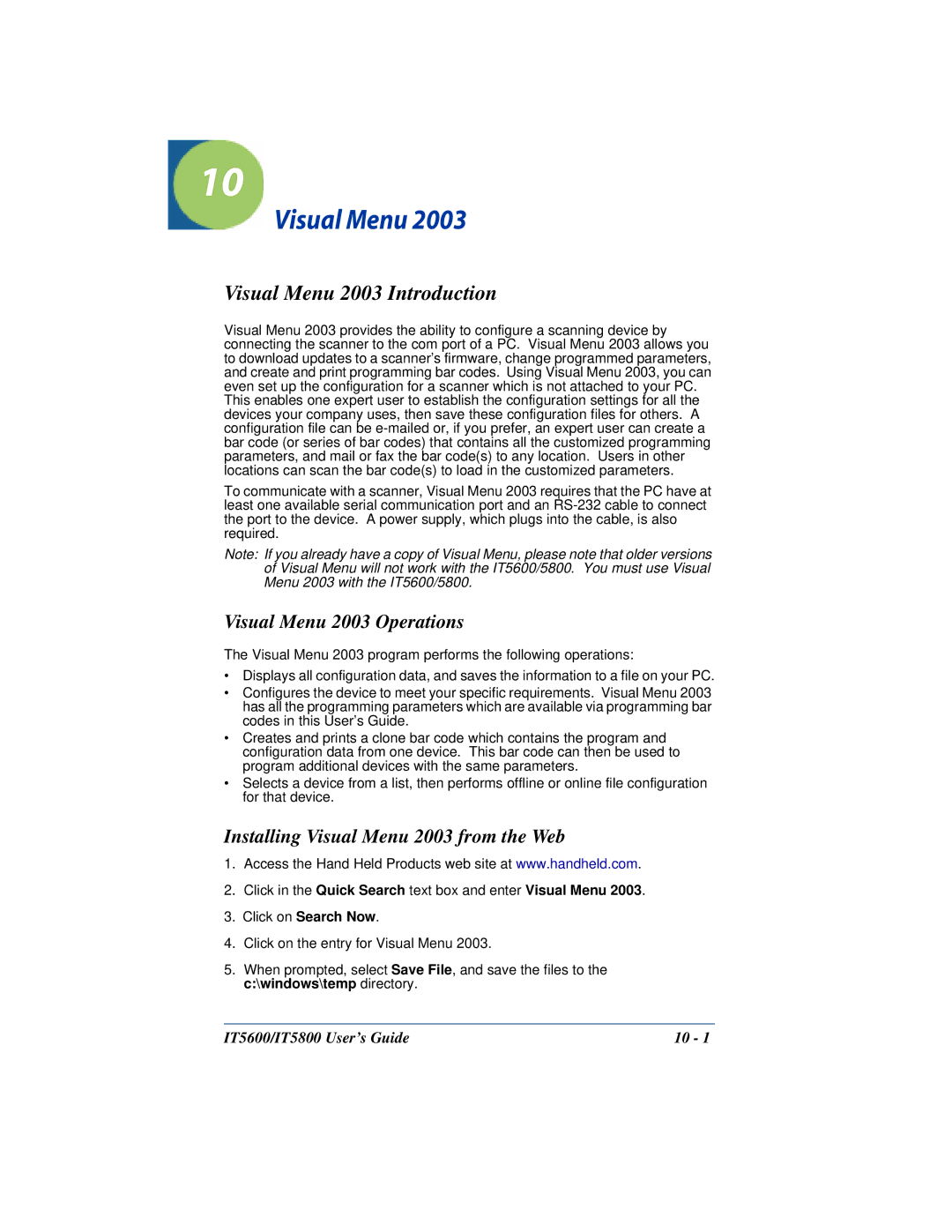 Hand Held Products IT5800, IT5600 manual Visual Menu 2003 Introduction, Visual Menu 2003 Operations 
