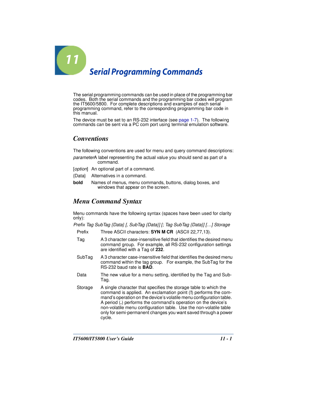 Hand Held Products IT5800, IT5600 manual Serial Programming Commands, Conventions, Menu Command Syntax 