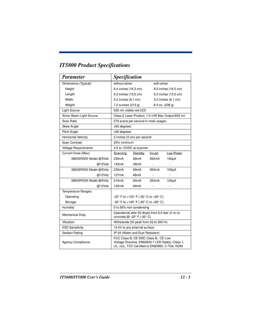 Hand Held Products IT5600 manual IT5800 Product Specifications 