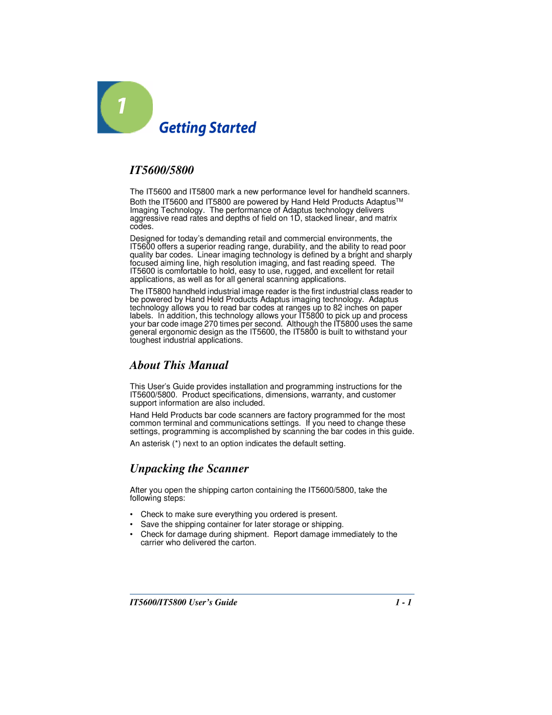 Hand Held Products IT5800 manual Getting Started, IT5600/5800, About This Manual, Unpacking the Scanner 