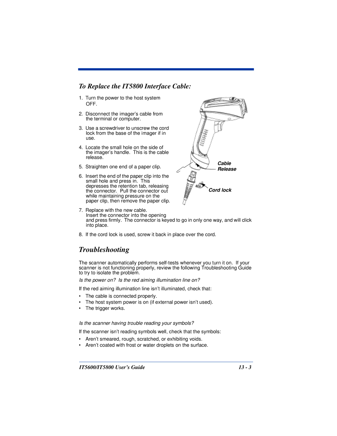 Hand Held Products IT5600 manual Troubleshooting, To Replace the IT5800 Interface Cable 