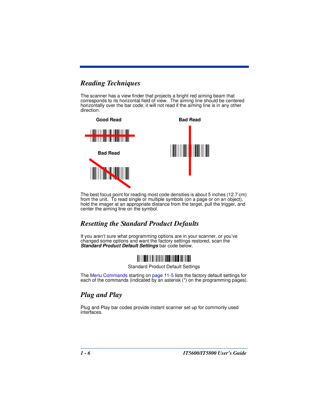 Hand Held Products IT5600 Reading Techniques, Resetting the Standard Product Defaults, Plug and Play, Good Read Bad Read 
