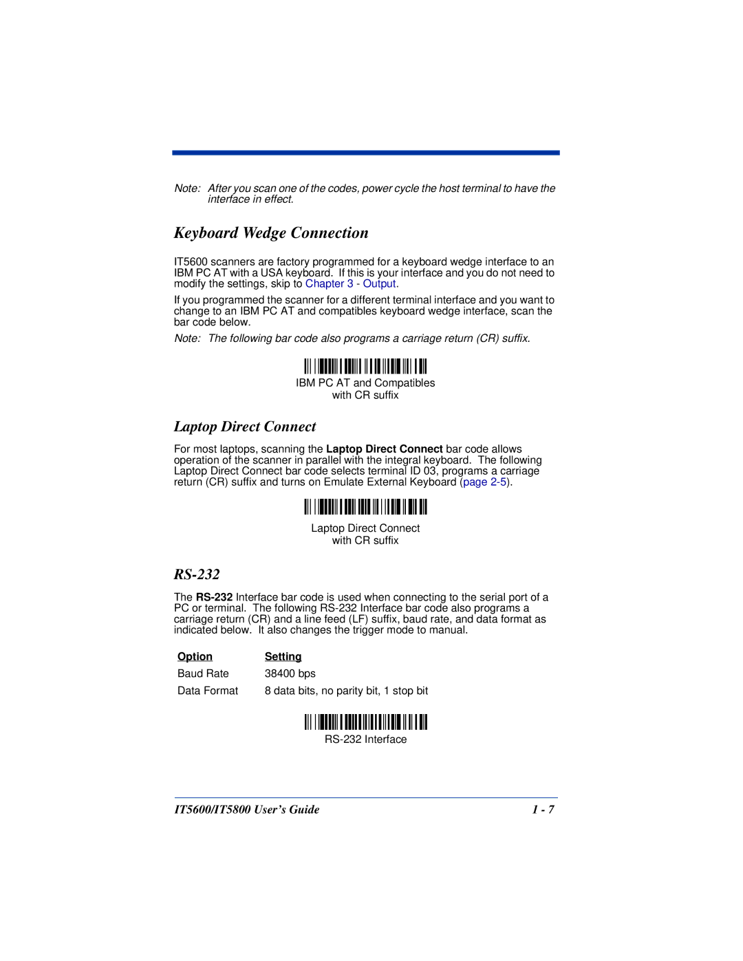Hand Held Products IT5800, IT5600 manual Keyboard Wedge Connection, Laptop Direct Connect, RS-232, Option Setting 