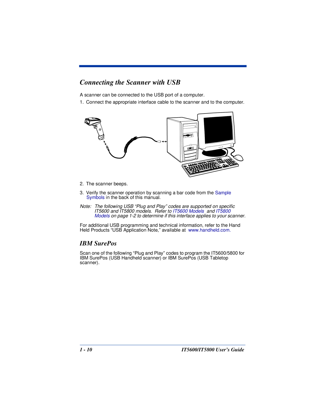 Hand Held Products IT5600, IT5800 manual Connecting the Scanner with USB, IBM SurePos 