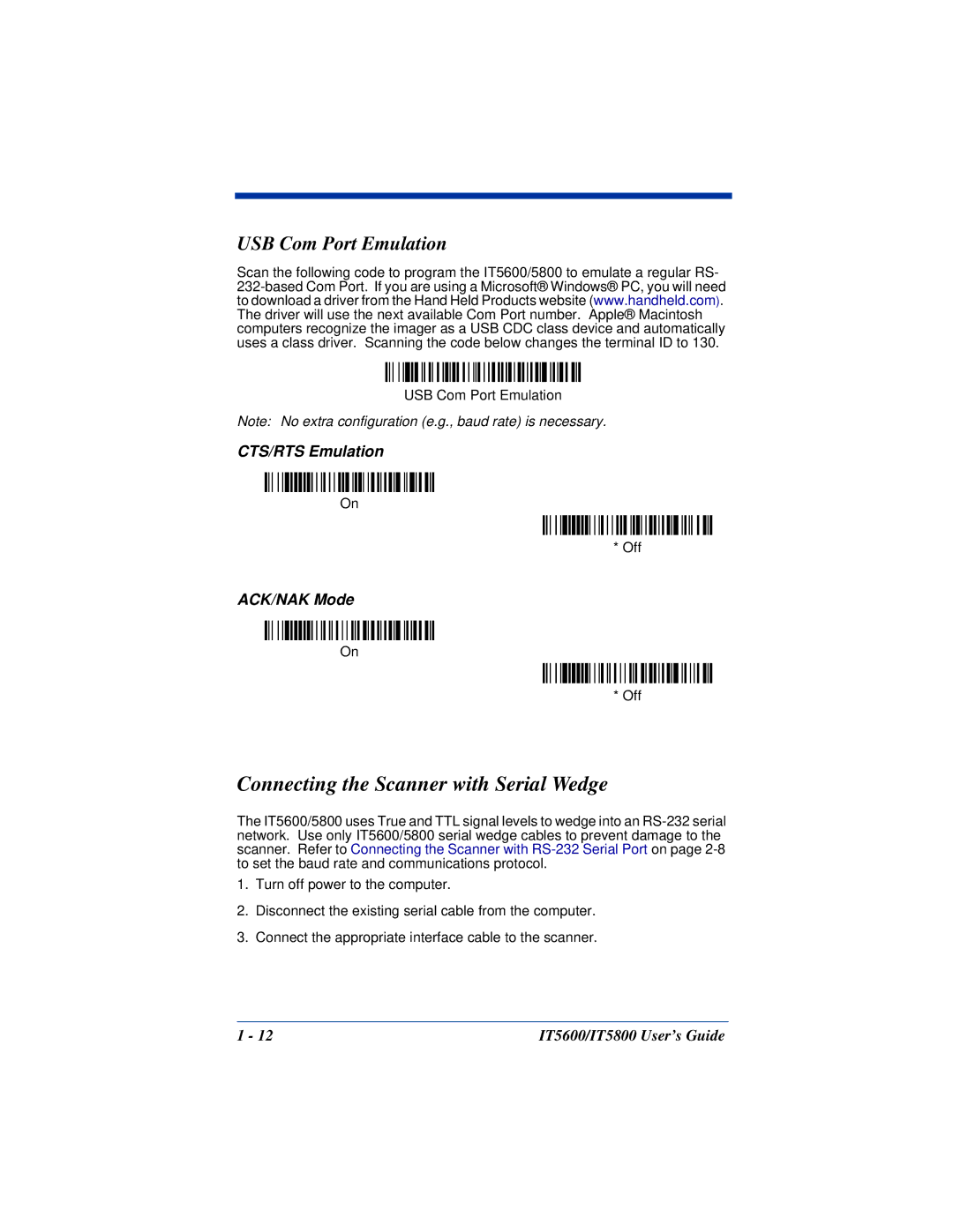 Hand Held Products IT5600, IT5800 manual Connecting the Scanner with Serial Wedge, USB Com Port Emulation 