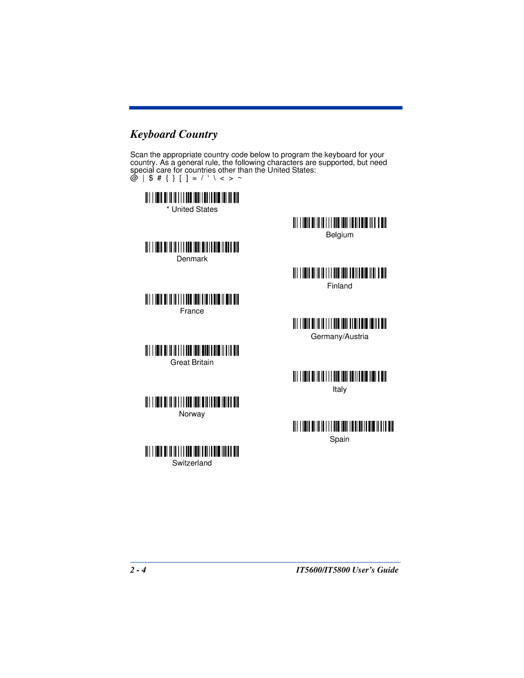 Hand Held Products IT5600, IT5800 manual Keyboard Country 