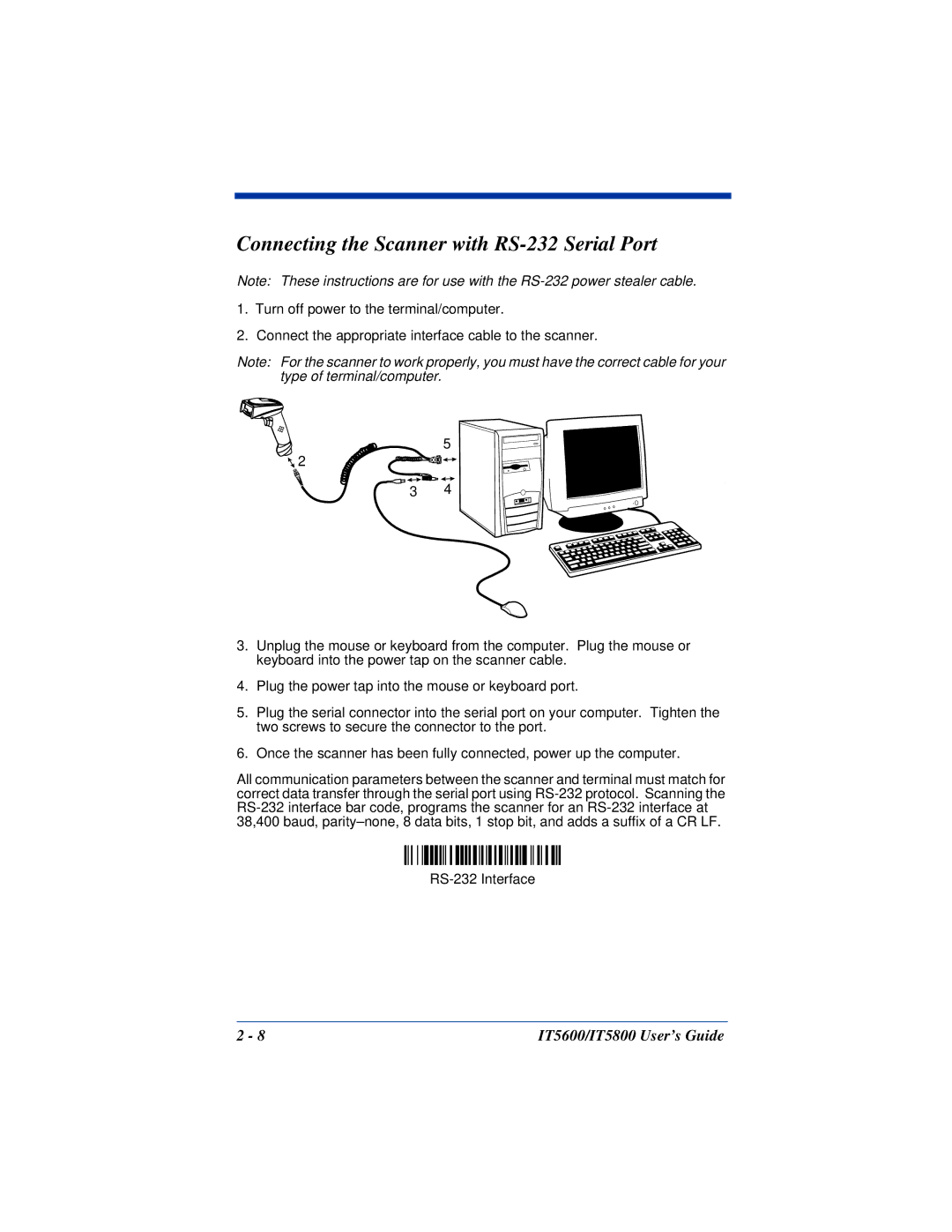 Hand Held Products IT5600, IT5800 manual Connecting the Scanner with RS-232 Serial Port 