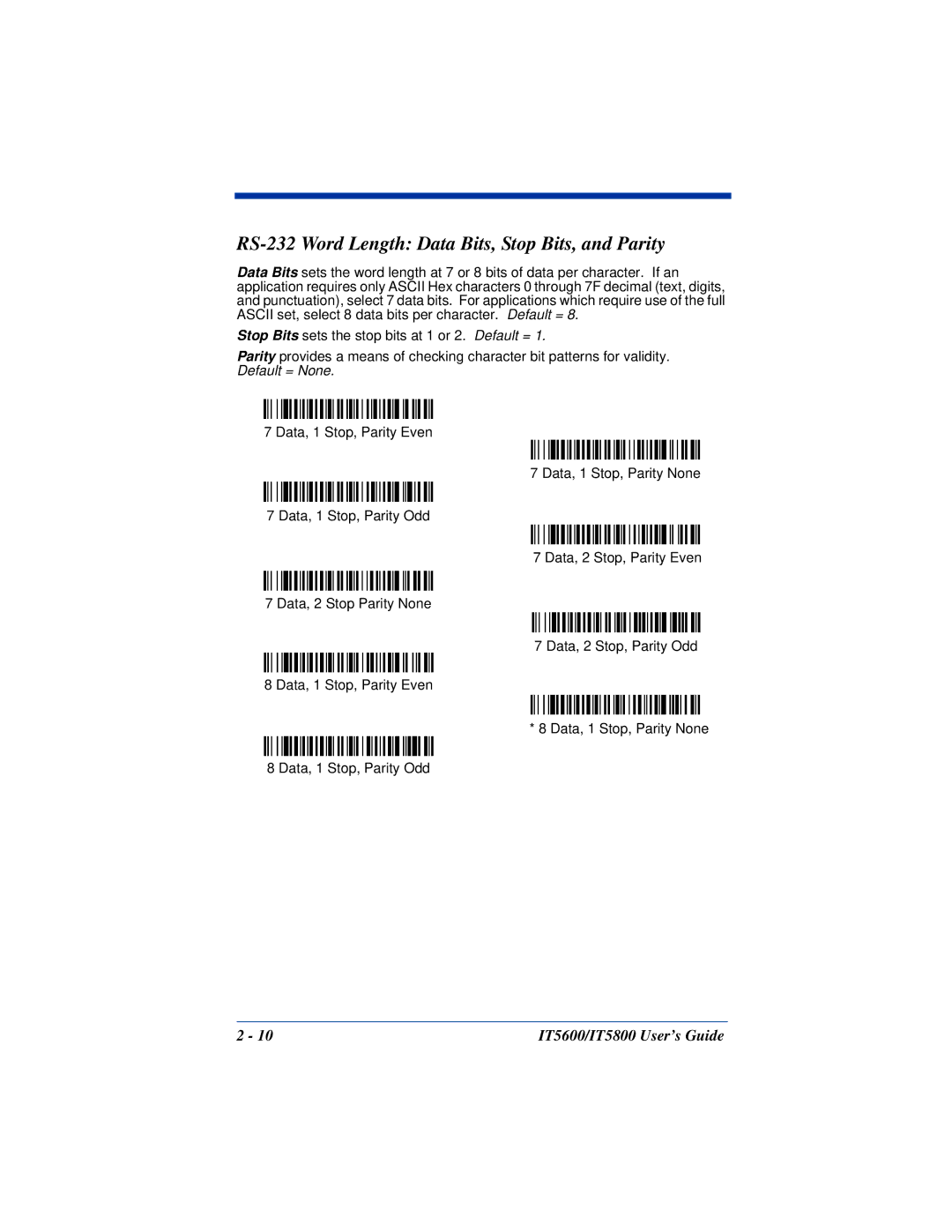 Hand Held Products IT5600, IT5800 manual RS-232 Word Length Data Bits, Stop Bits, and Parity 