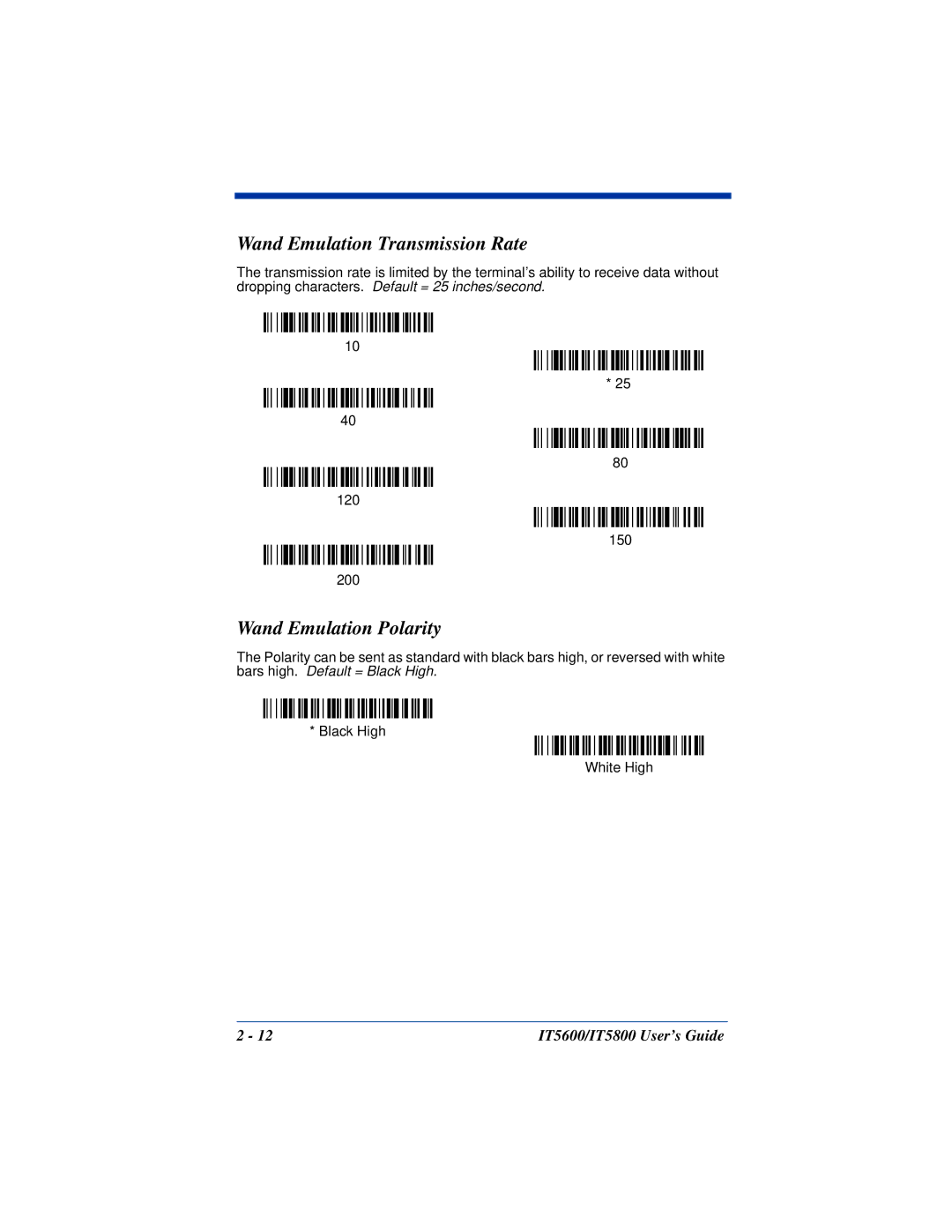 Hand Held Products IT5600, IT5800 manual Wand Emulation Transmission Rate, Wand Emulation Polarity 