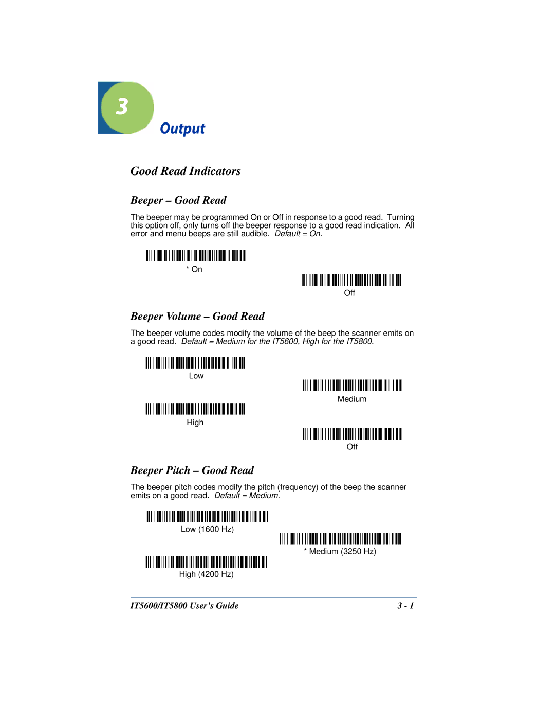 Hand Held Products IT5800 Output, Good Read Indicators, Beeper Good Read, Beeper Volume Good Read, Beeper Pitch Good Read 