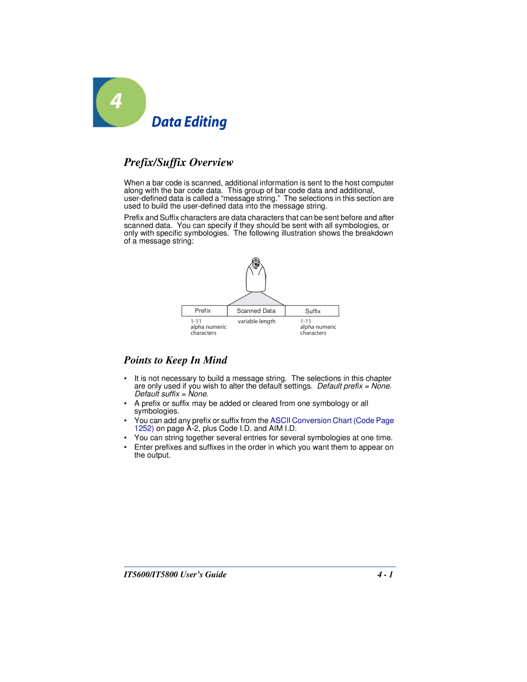 Hand Held Products IT5800, IT5600 manual Data Editing, Prefix/Suffix Overview, Points to Keep In Mind 