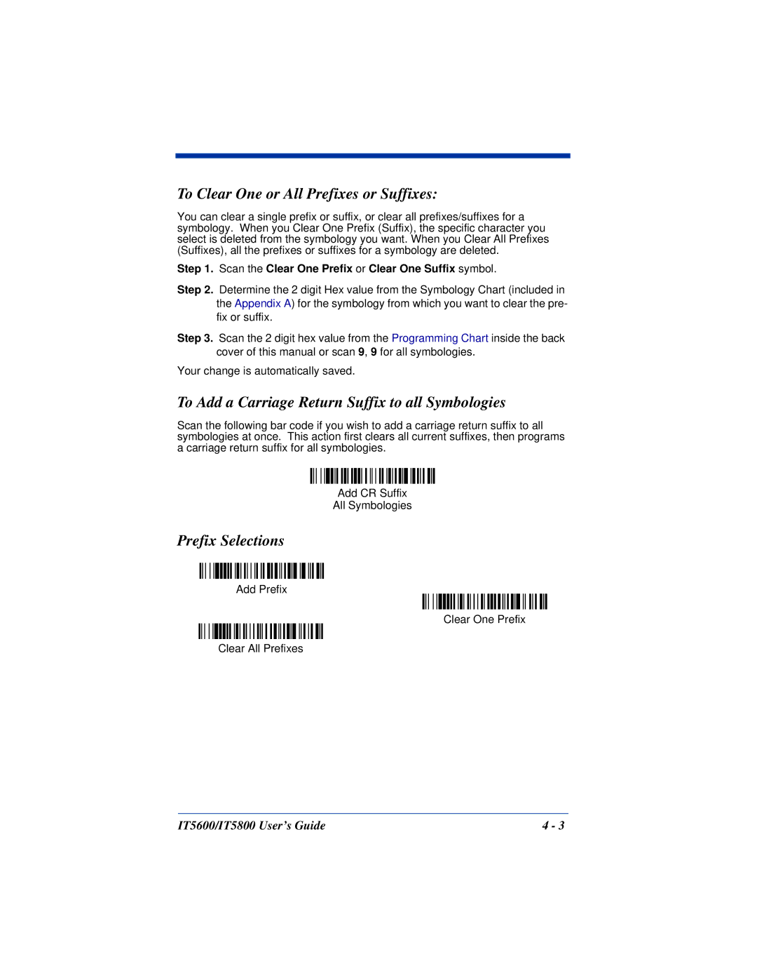 Hand Held Products IT5800 To Clear One or All Prefixes or Suffixes, To Add a Carriage Return Suffix to all Symbologies 