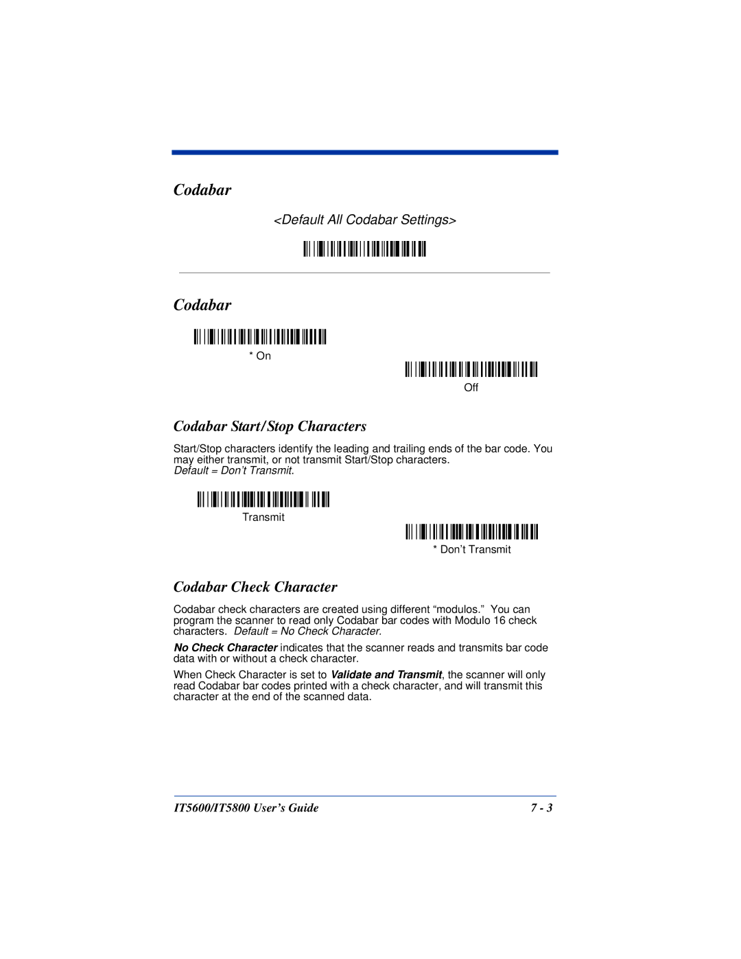 Hand Held Products IT5800, IT5600 manual Codabar Start/Stop Characters, Codabar Check Character 