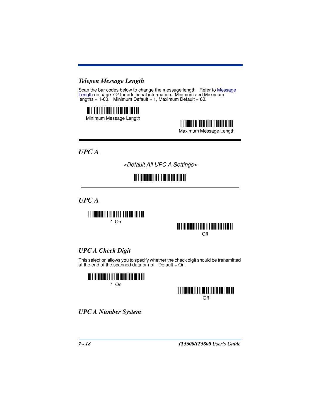 Hand Held Products IT5600, IT5800 manual Telepen Message Length, UPC a Check Digit, UPC a Number System 