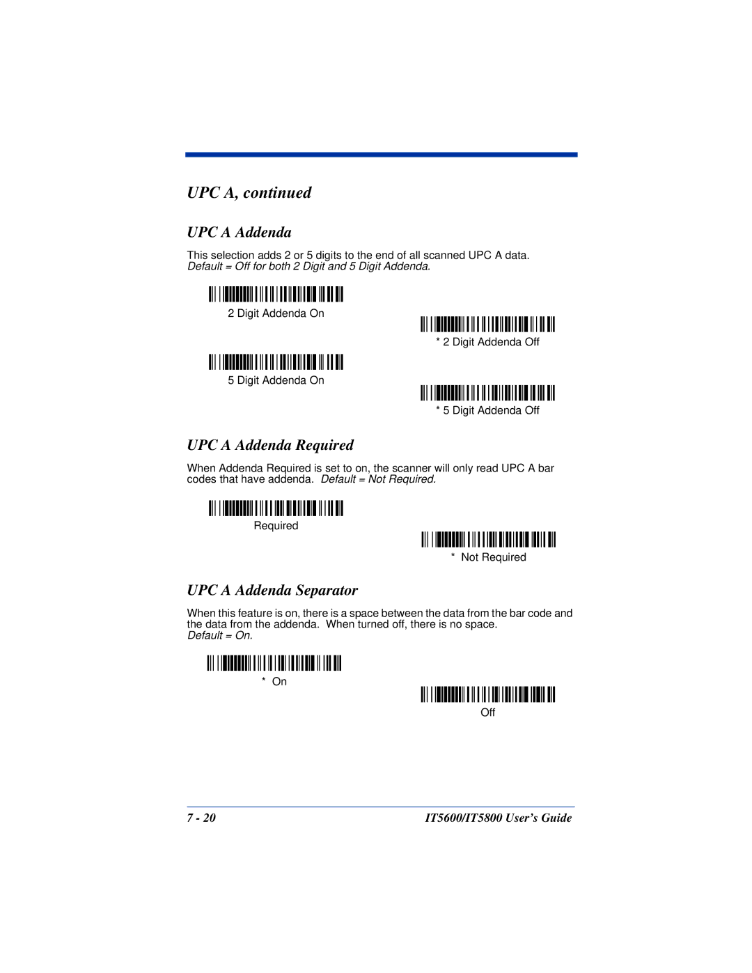 Hand Held Products IT5600, IT5800 manual UPC a Addenda Required, UPC a Addenda Separator 