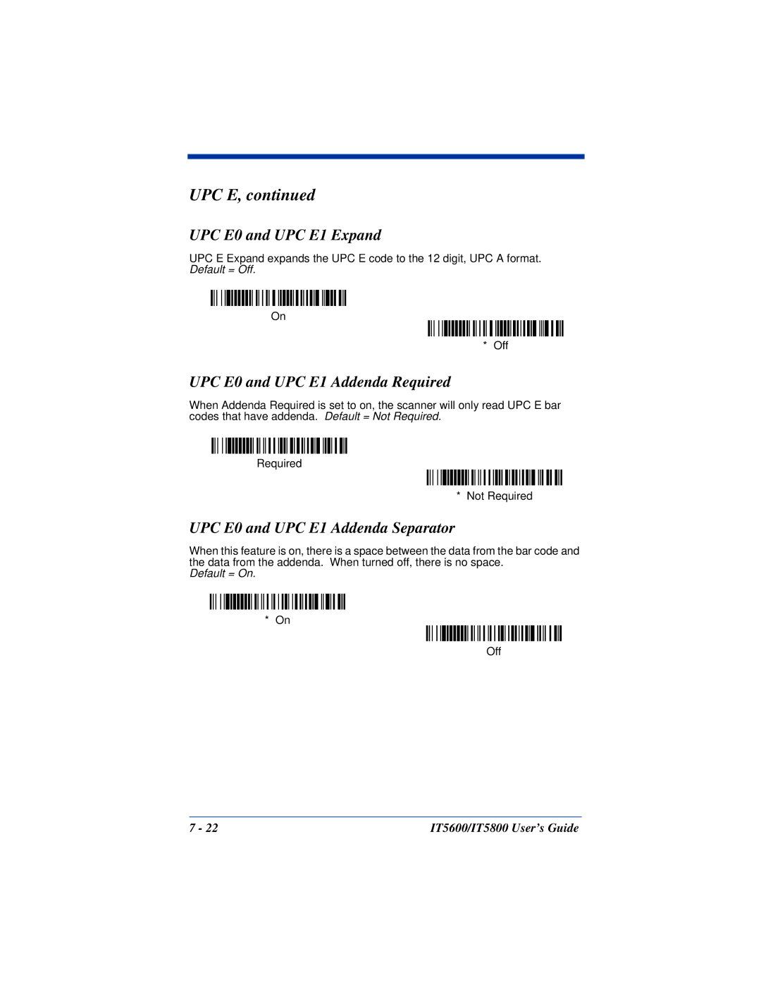 Hand Held Products IT5600, IT5800 manual Upc E, UPC E0 and UPC E1 Expand, UPC E0 and UPC E1 Addenda Required 