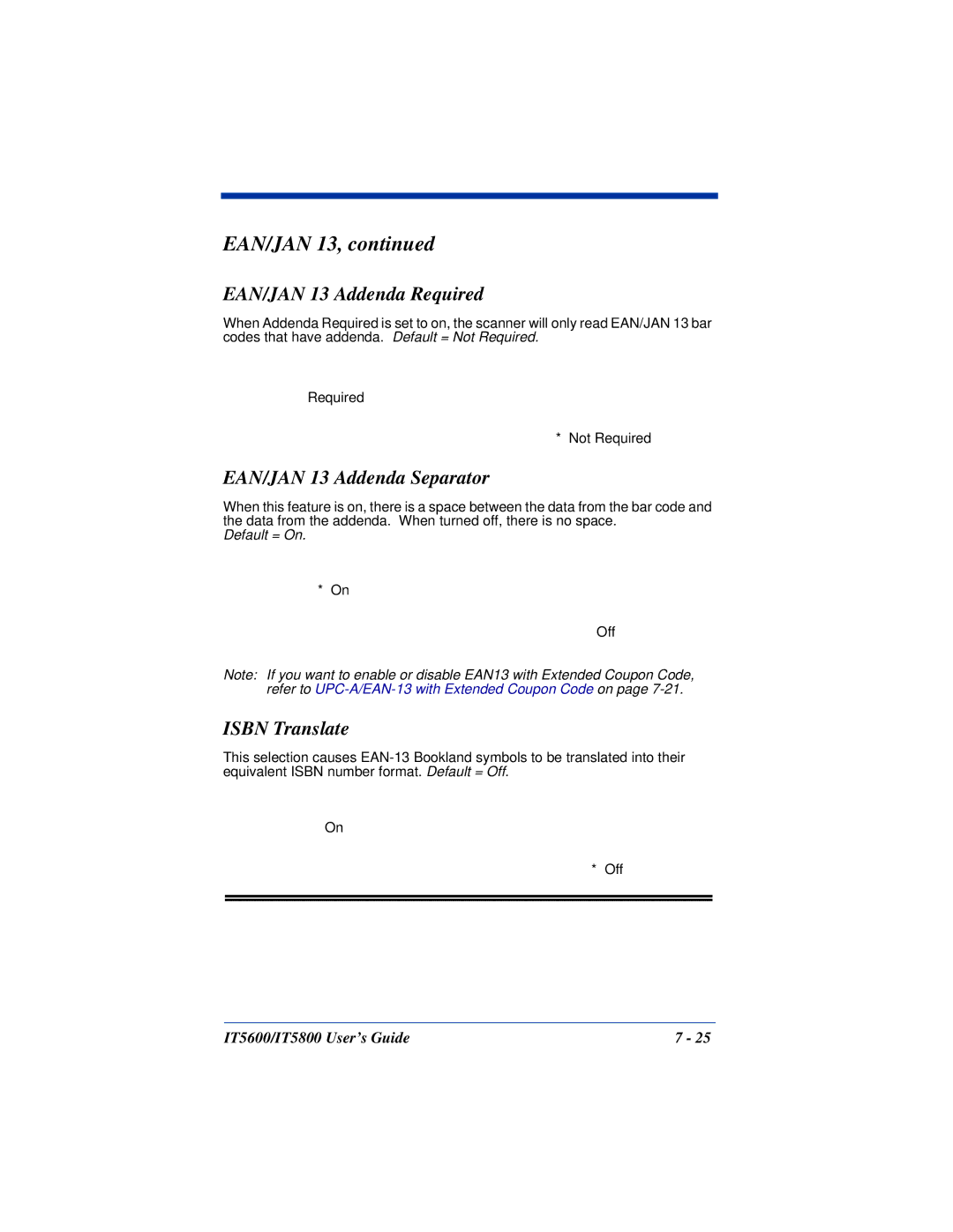 Hand Held Products IT5800, IT5600 manual Ean/Jan, EAN/JAN 13 Addenda Required, EAN/JAN 13 Addenda Separator, Isbn Translate 