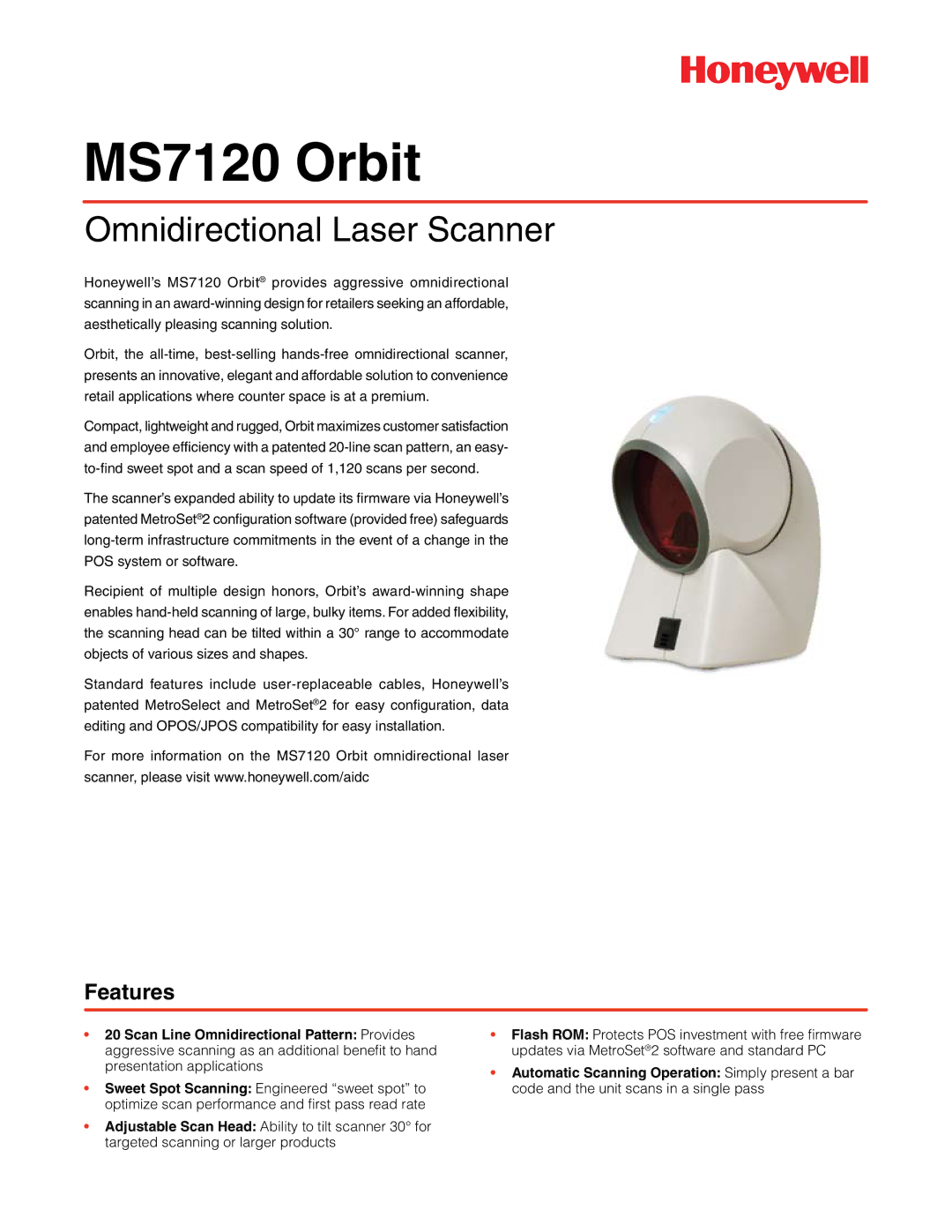 Hand Held Products manual MS7120 Orbit, Omnidirectional Laser Scanner, Features 