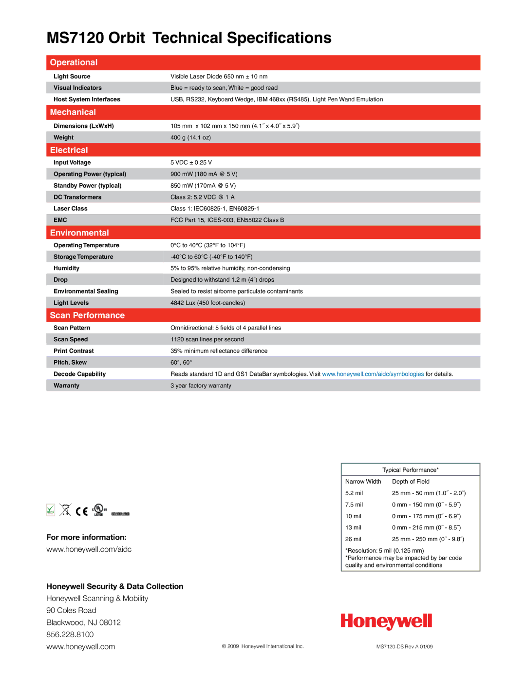 Hand Held Products manual MS7120 Orbit Technical Specifications 