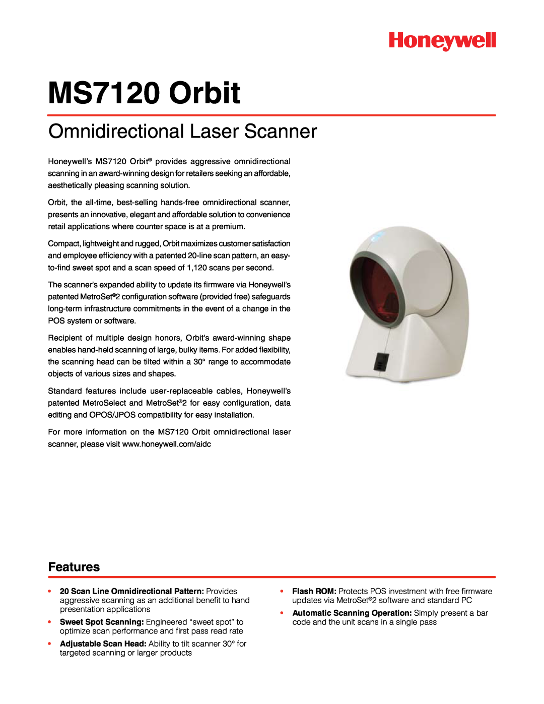 Hand Held Products manual MS7120 Orbit, Omnidirectional Laser Scanner, Features 