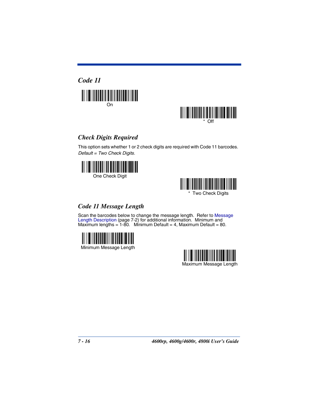 HandHeld Entertainment 4800i, 4600rp, 4600g manual Check Digits Required, Code 11 Message Length 