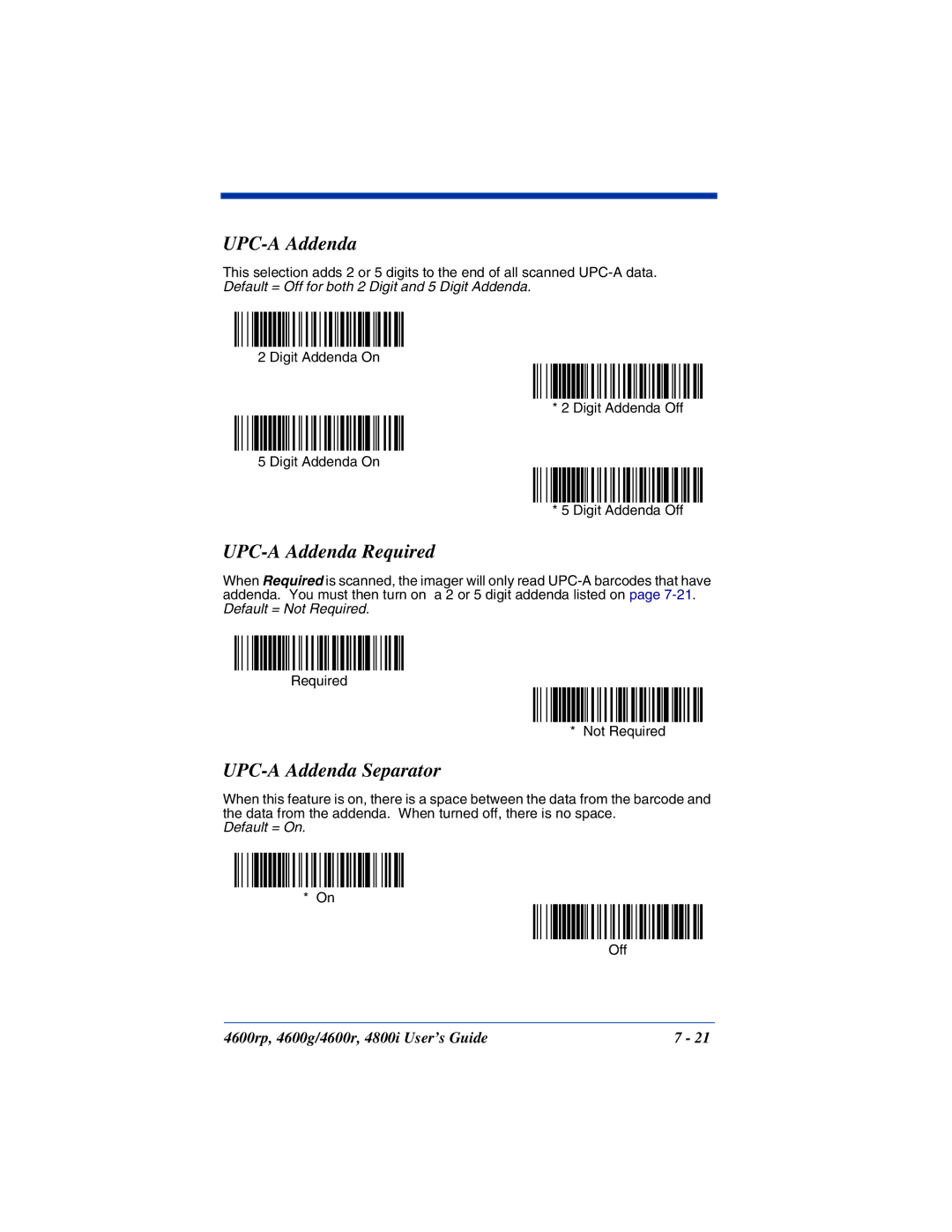 HandHeld Entertainment 4800i, 4600rp, 4600g manual UPC-A Addenda Required, UPC-A Addenda Separator 