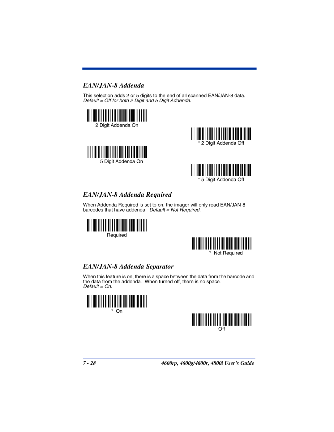 HandHeld Entertainment 4800i, 4600rp, 4600g manual EAN/JAN-8 Addenda Required, EAN/JAN-8 Addenda Separator 