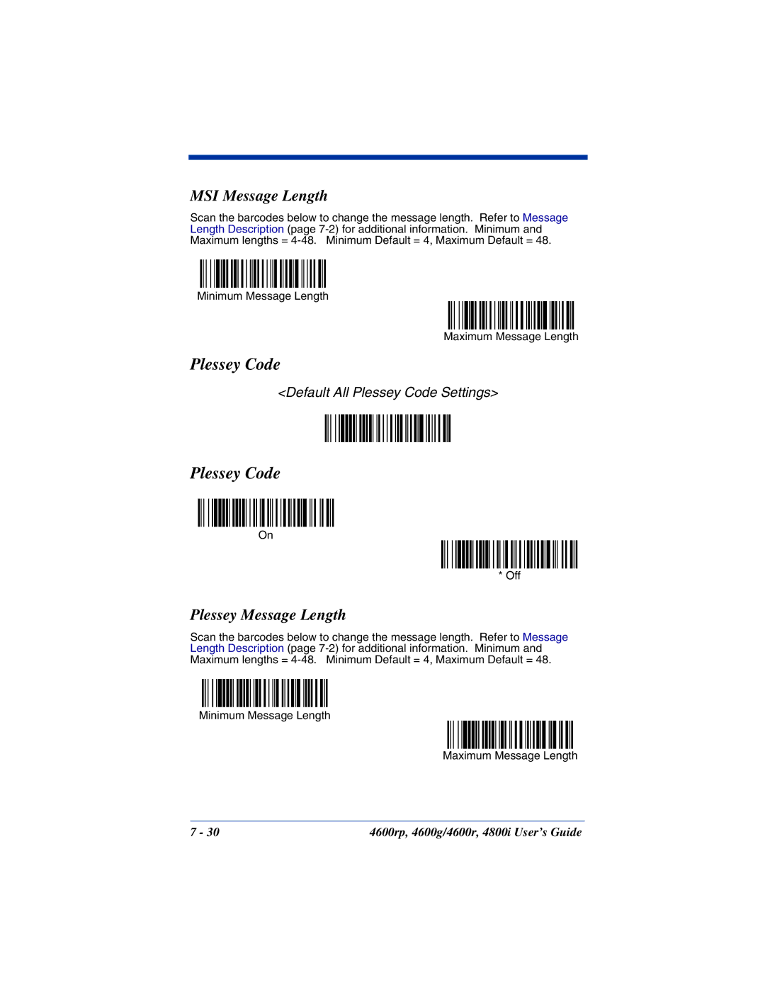 HandHeld Entertainment 4600rp, 4800i, 4600g manual Plessey Code, MSI Message Length, Plessey Message Length 