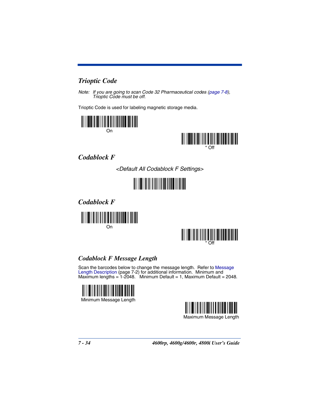 HandHeld Entertainment 4600rp, 4800i, 4600g manual Trioptic Code, Codablock F Message Length 