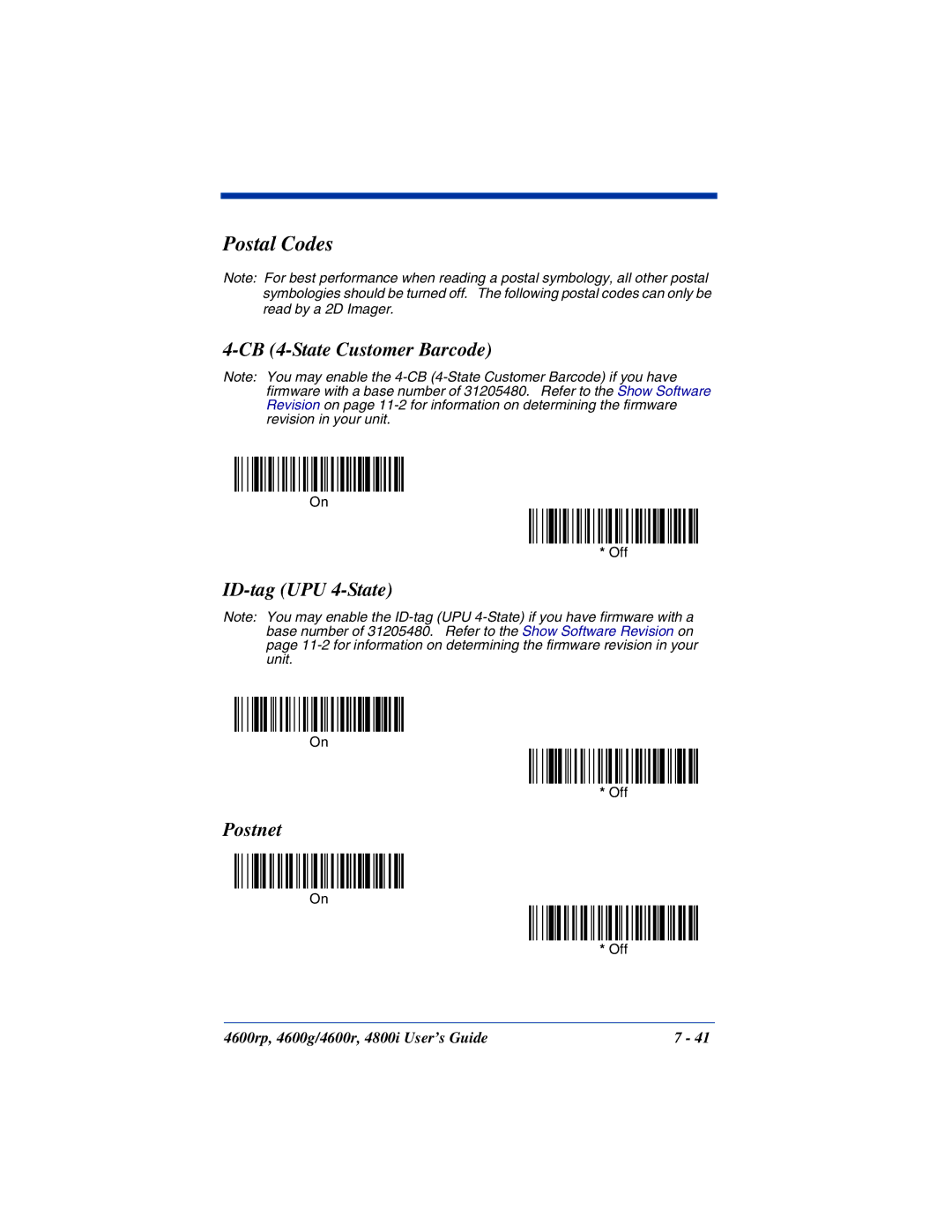 HandHeld Entertainment 4800i, 4600rp, 4600g manual Postal Codes, CB 4-State Customer Barcode, ID-tag UPU 4-State, Postnet 