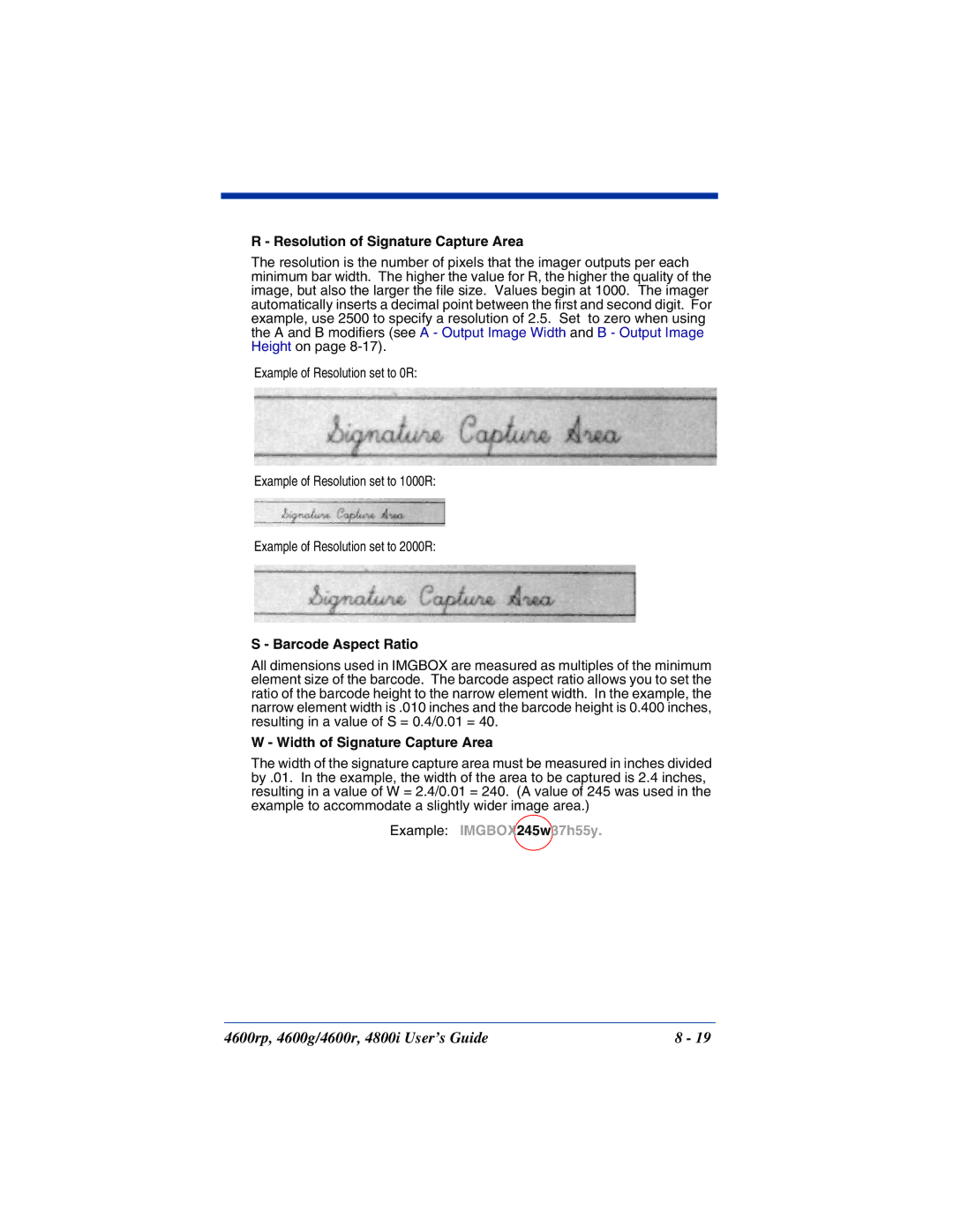 HandHeld Entertainment 4800i Resolution of Signature Capture Area, Barcode Aspect Ratio, Width of Signature Capture Area 