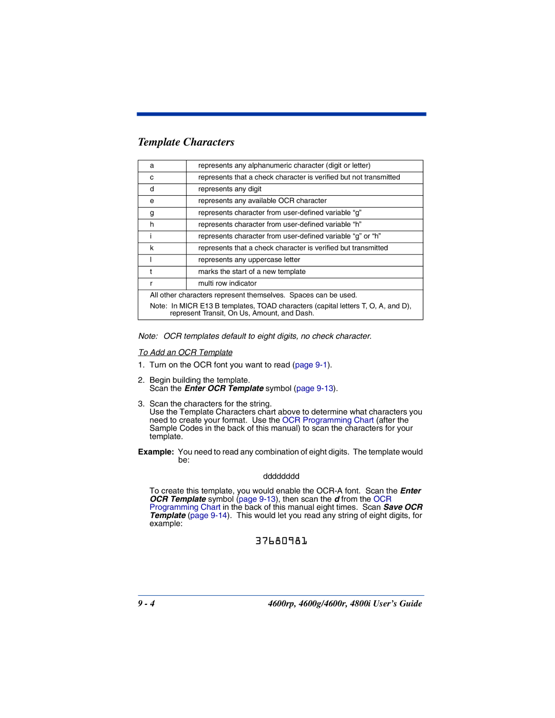 HandHeld Entertainment 4600rp, 4800i, 4600g manual Template Characters, To Add an OCR Template 