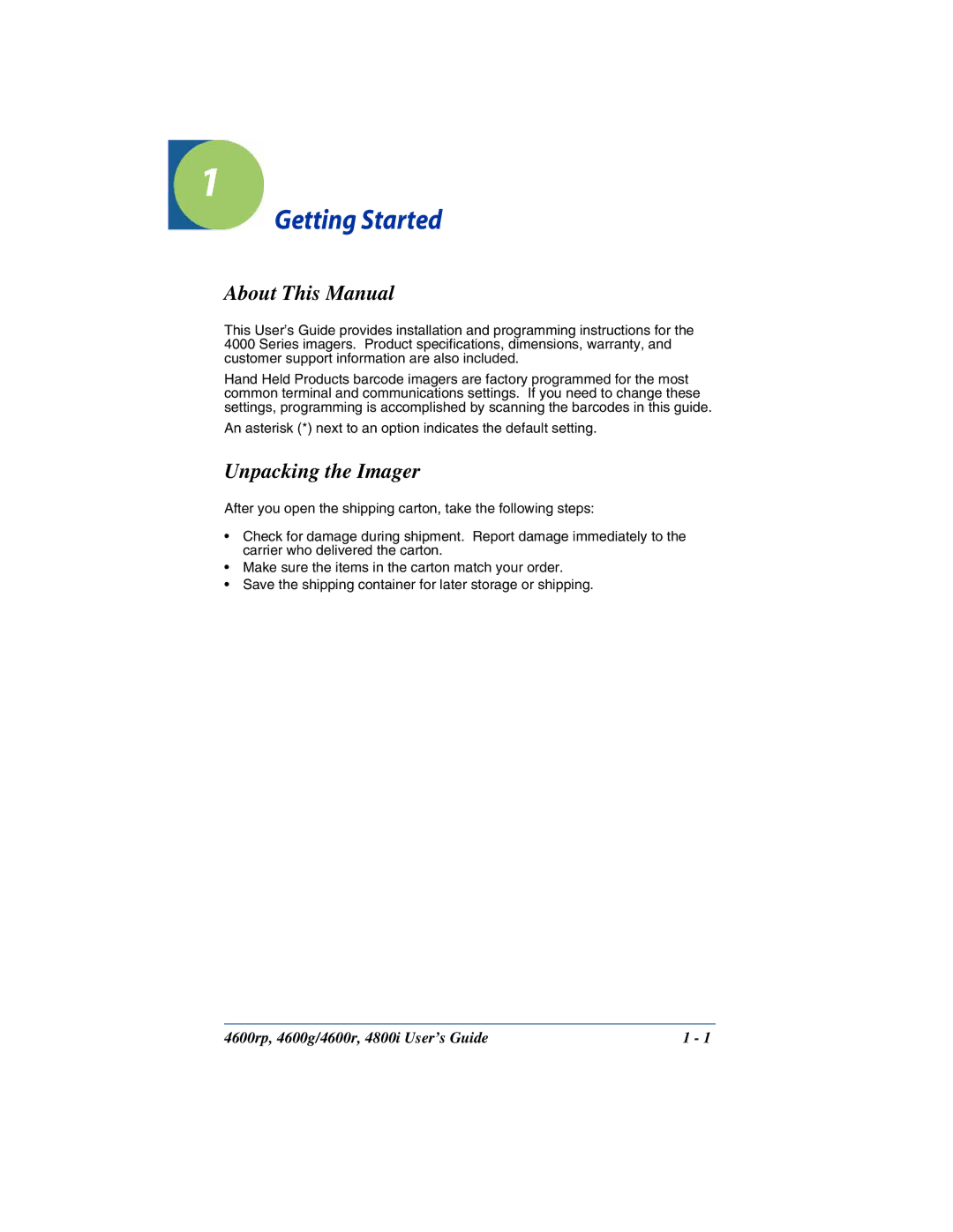 HandHeld Entertainment 4800i, 4600rp, 4600g manual Getting Started, About This Manual, Unpacking the Imager 