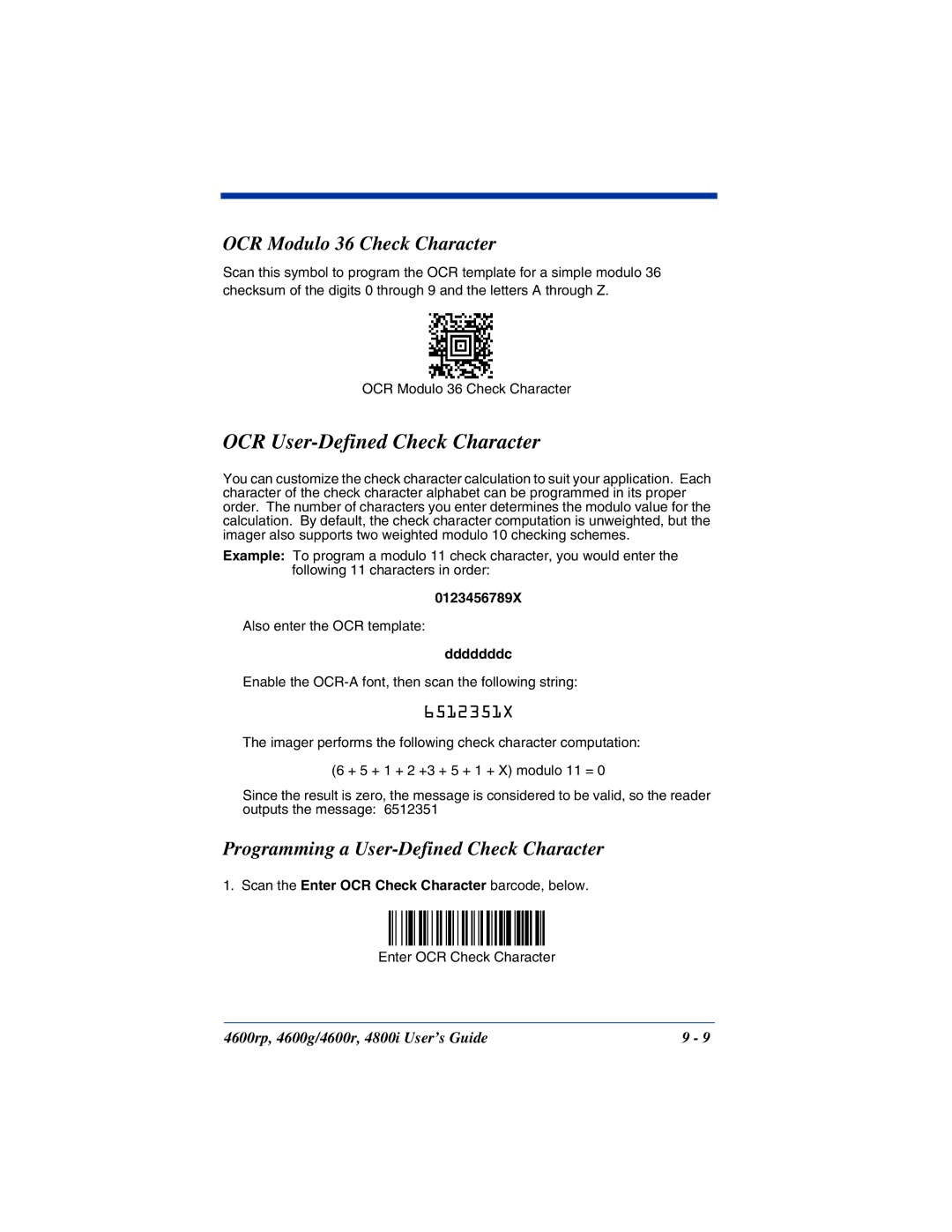 HandHeld Entertainment 4600g, 4800i, 4600rp manual OCR User-Defined Check Character, OCR Modulo 36 Check Character 