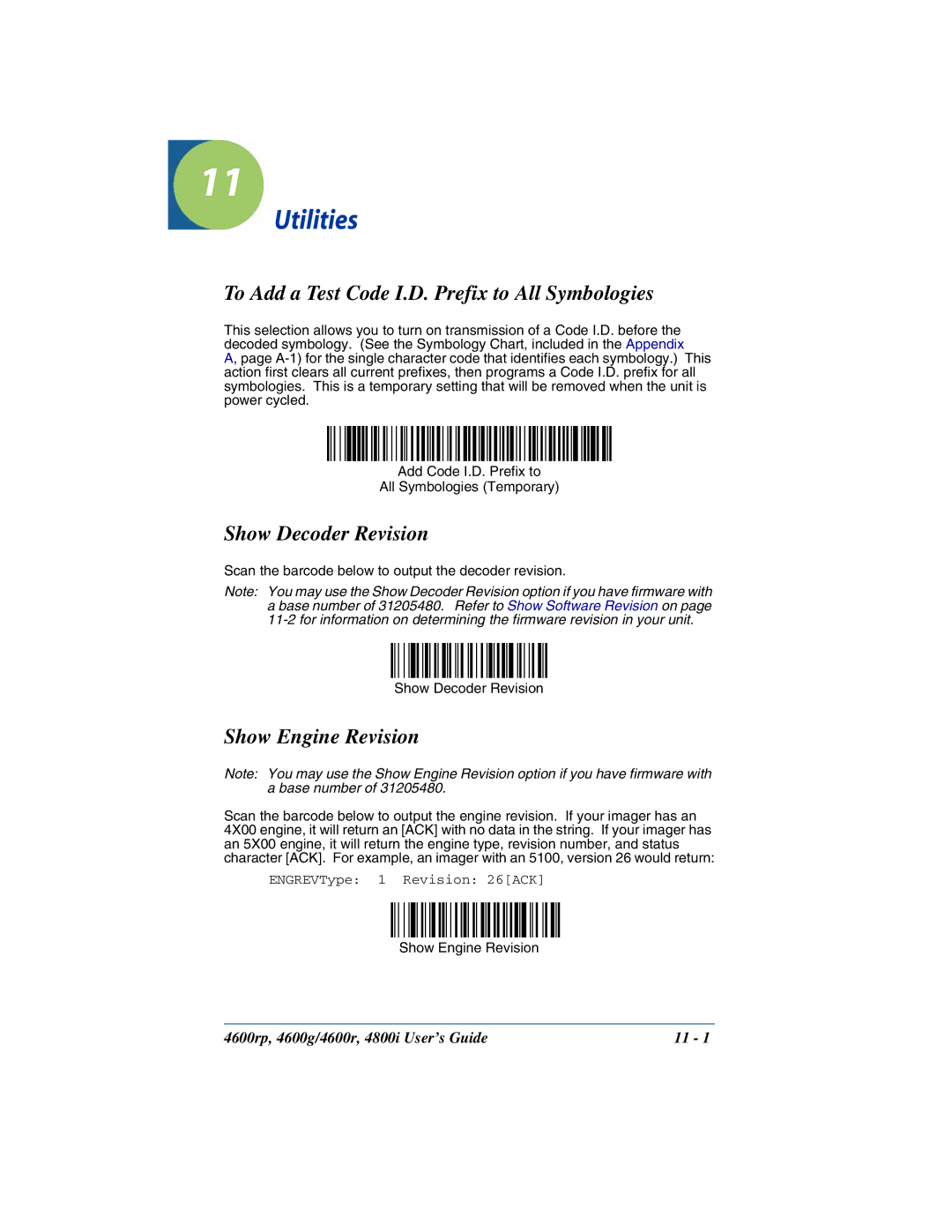 HandHeld Entertainment 4600g, 4600r Utilities, To Add a Test Code I.D. Prefix to All Symbologies, Show Decoder Revision 