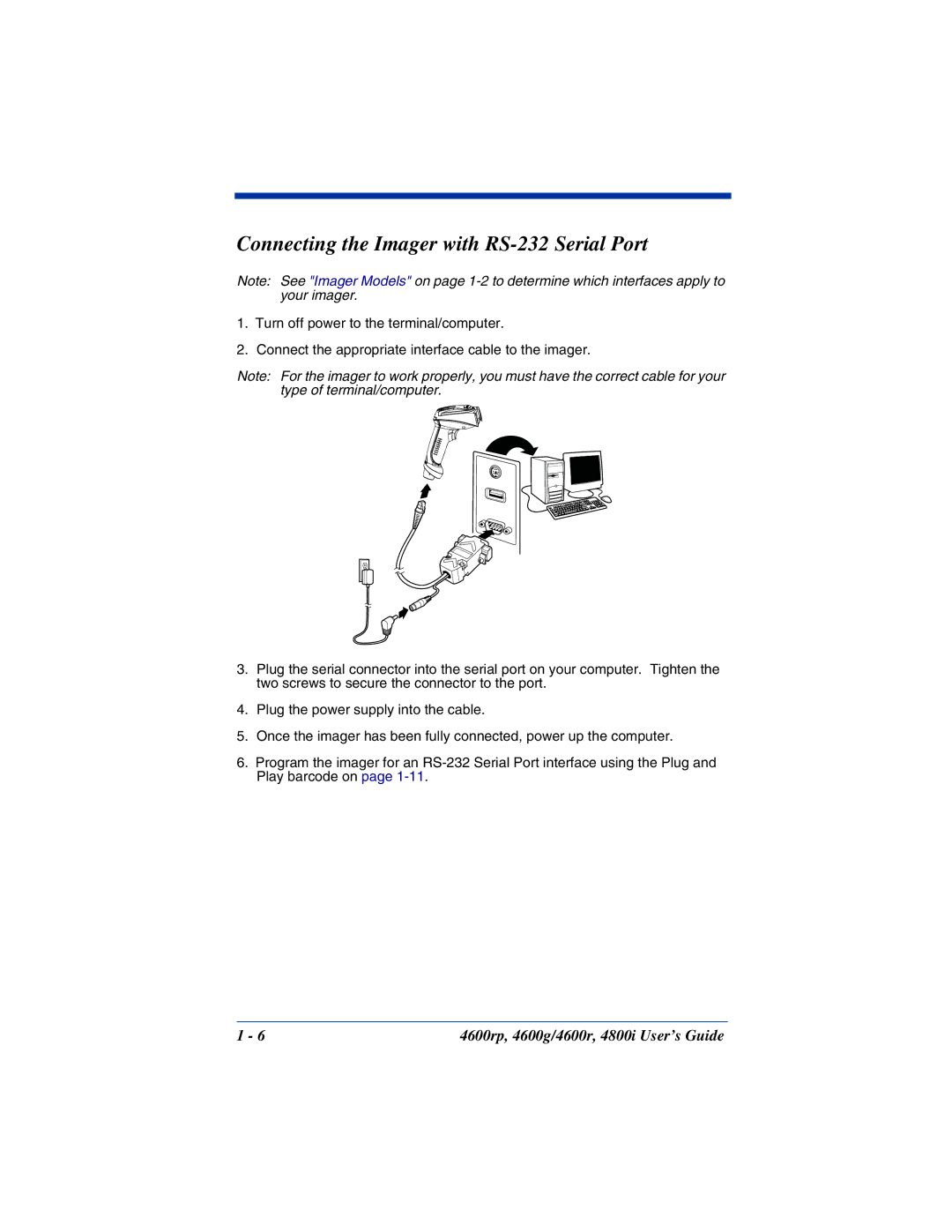 HandHeld Entertainment 4600rp, 4800i, 4600g manual Connecting the Imager with RS-232 Serial Port 