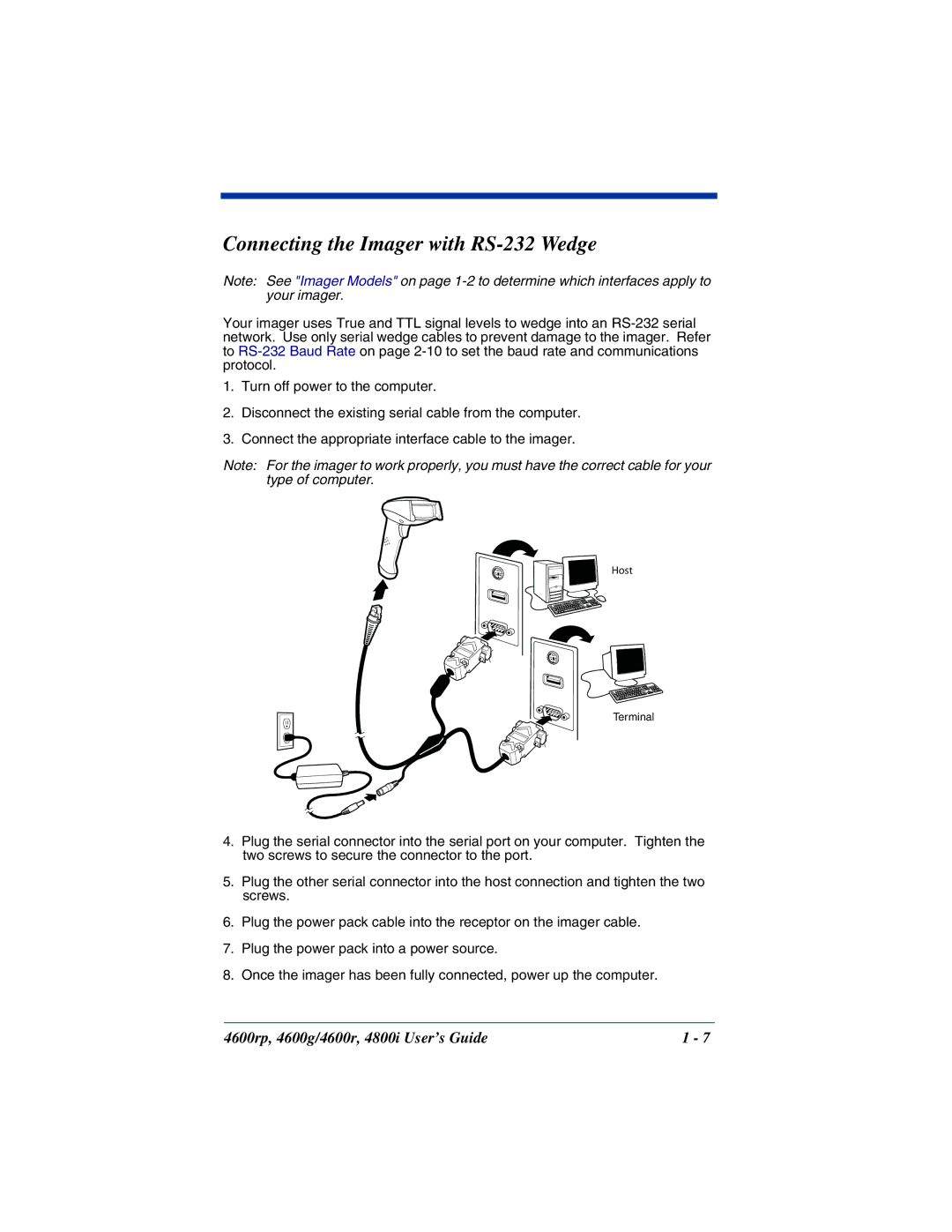 HandHeld Entertainment 4600g, 4800i, 4600rp manual Connecting the Imager with RS-232 Wedge 