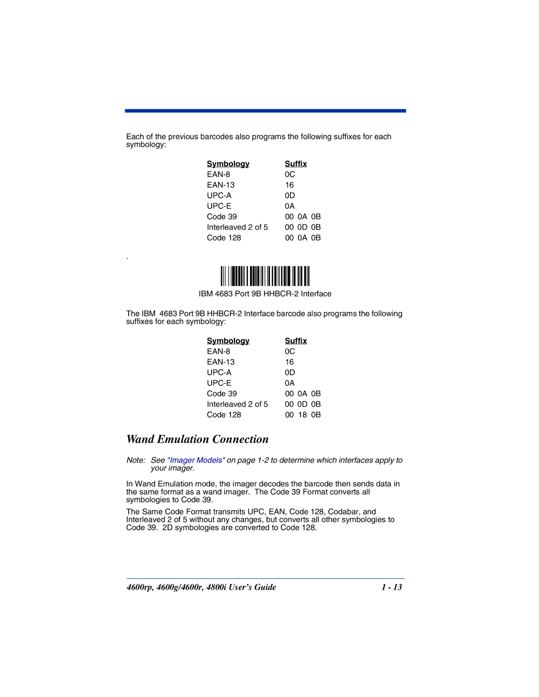 HandHeld Entertainment 4800i, 4600rp, 4600g manual Wand Emulation Connection, Symbology Suffix 
