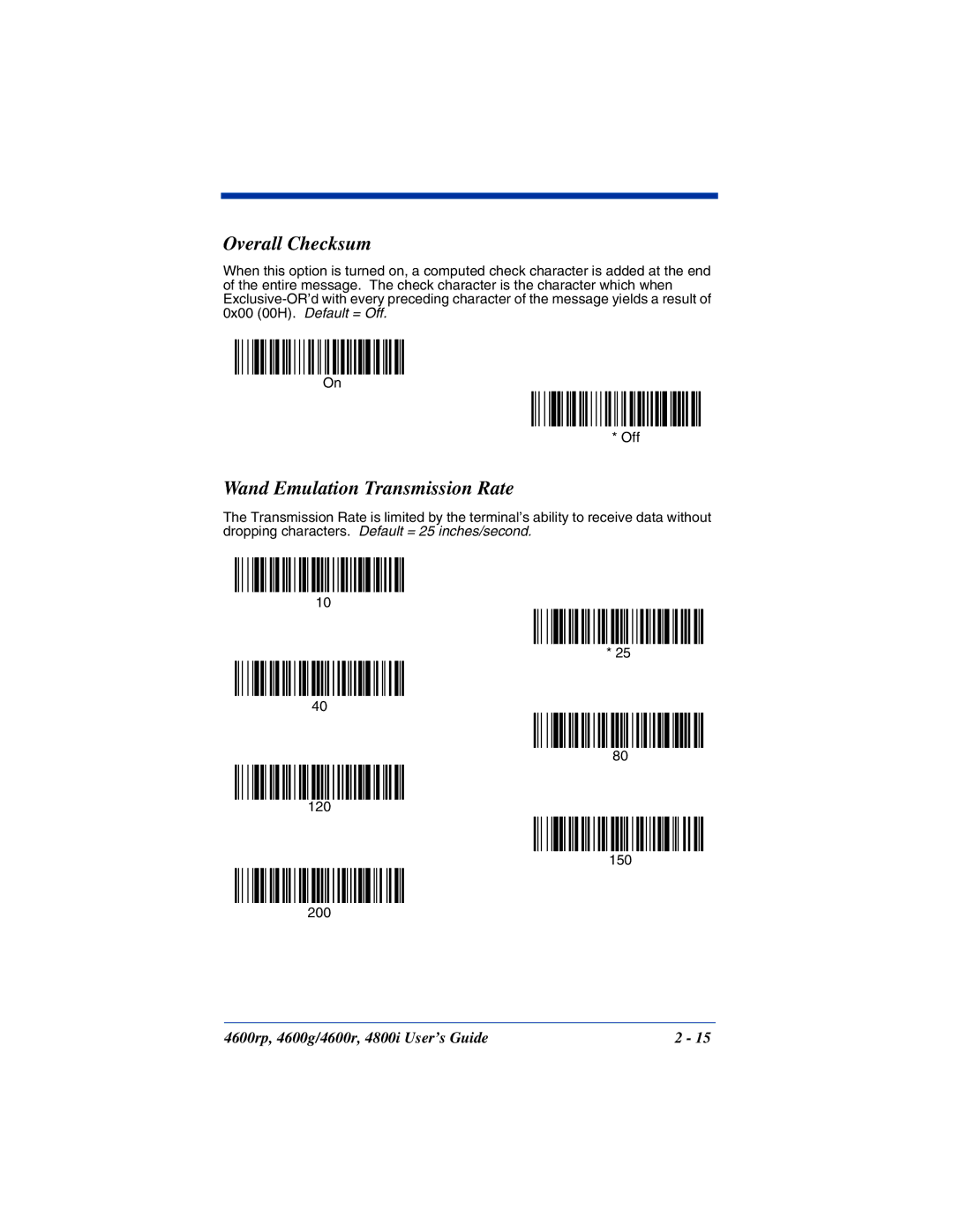 HandHeld Entertainment 4600g, 4800i, 4600rp manual Overall Checksum, Wand Emulation Transmission Rate 