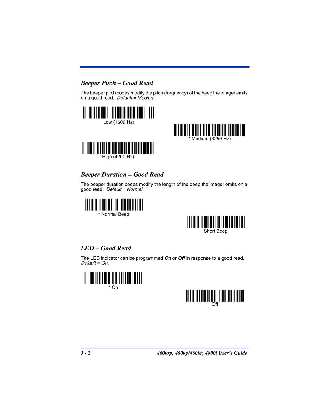 HandHeld Entertainment 4600rp, 4800i, 4600g manual Beeper Pitch Good Read, Beeper Duration Good Read, LED Good Read 