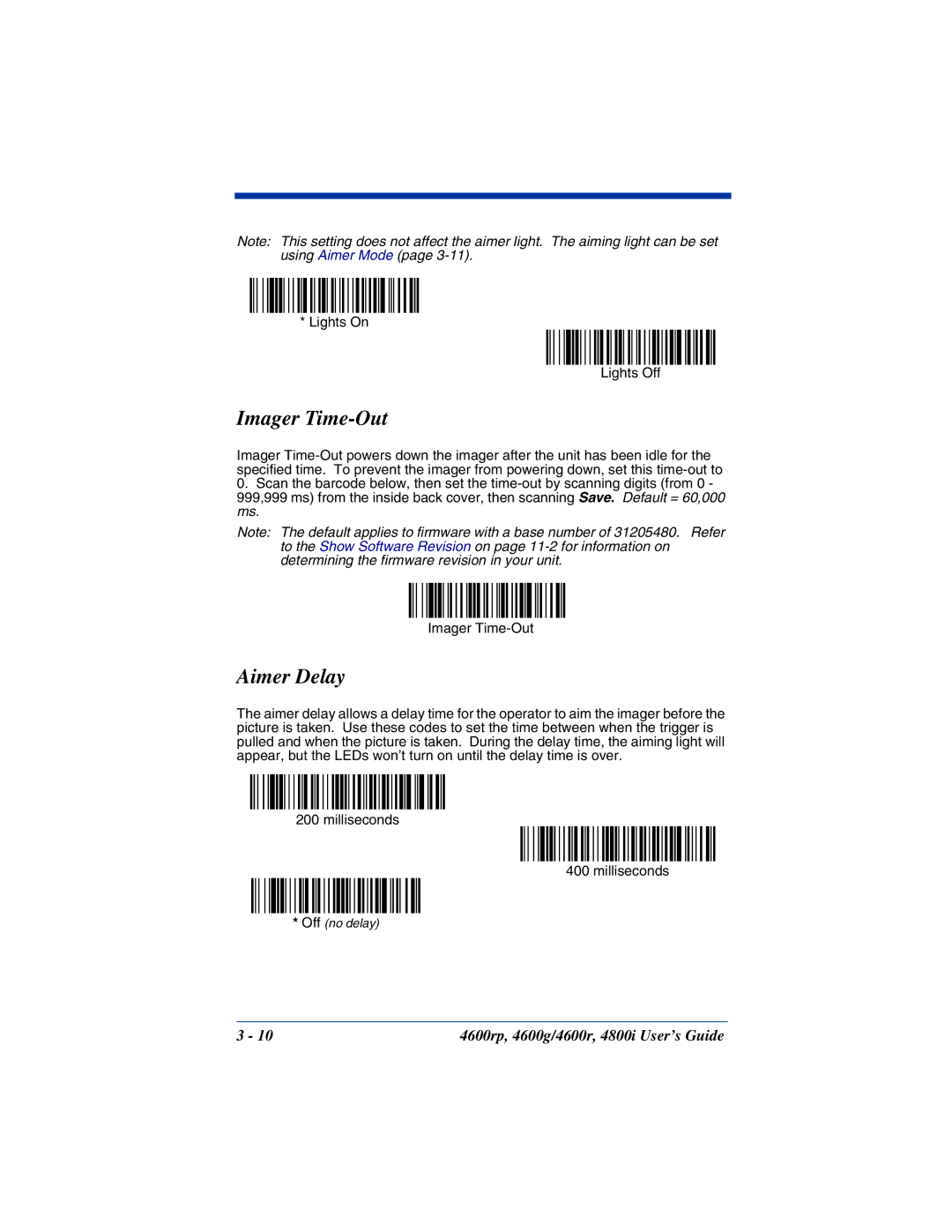 HandHeld Entertainment 4600rp, 4800i, 4600g manual Imager Time-Out, Aimer Delay 