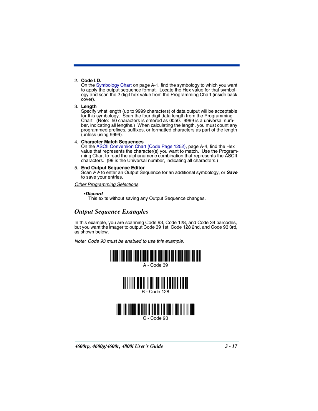 HandHeld Entertainment 4800i, 4600rp, 4600g manual Output Sequence Examples, Code I.D, Length, Character Match Sequences 