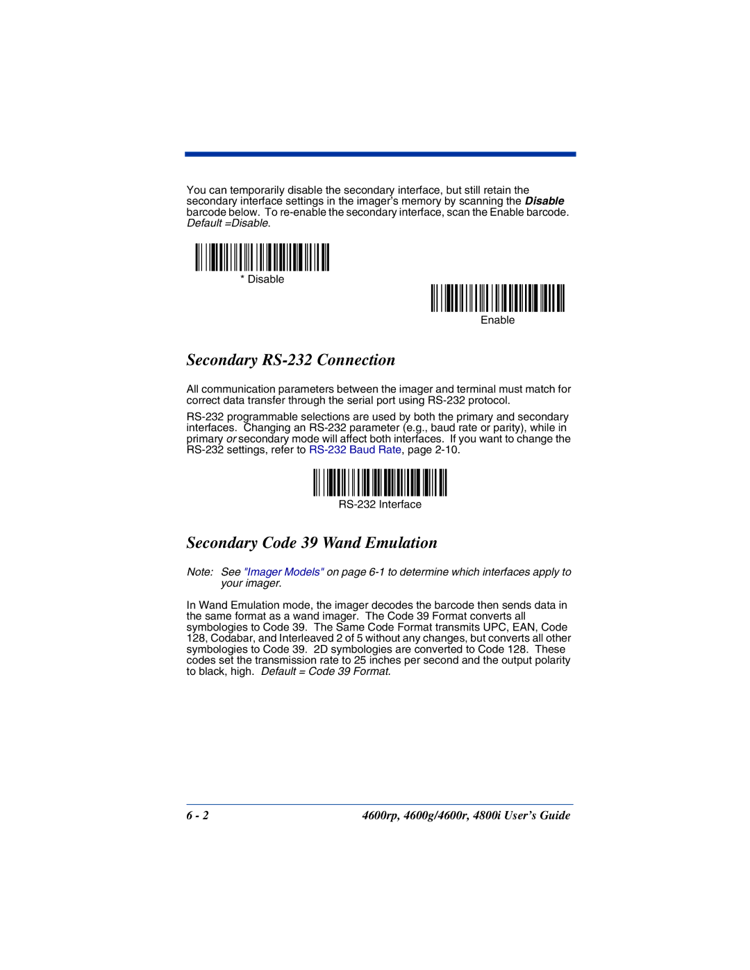 HandHeld Entertainment 4600rp, 4800i, 4600g manual Secondary RS-232 Connection, Secondary Code 39 Wand Emulation 