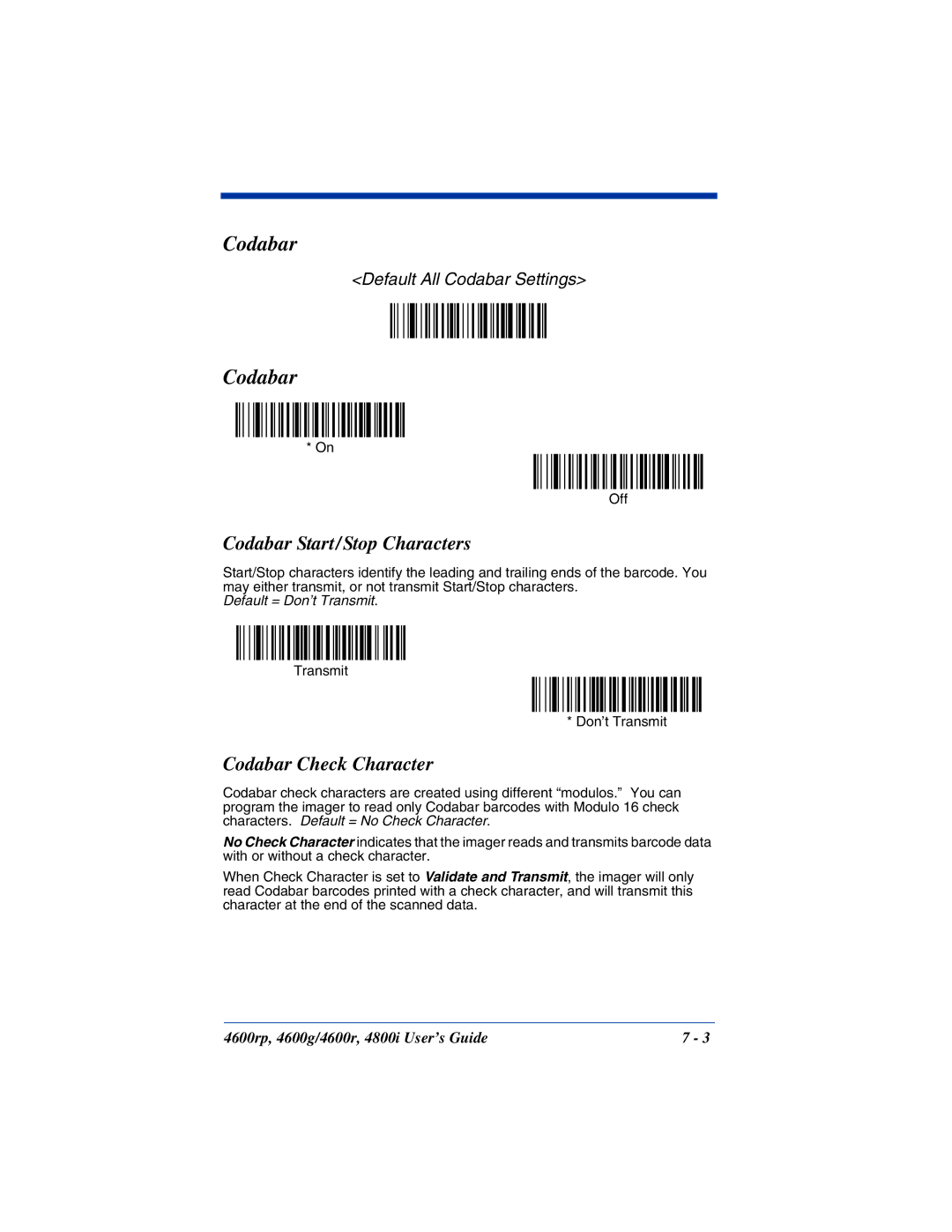 HandHeld Entertainment 4600g, 4800i, 4600rp manual Codabar Start/Stop Characters, Codabar Check Character 