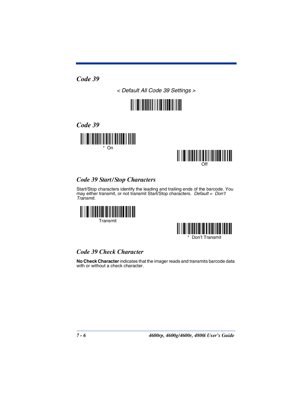 HandHeld Entertainment 4600rp, 4800i, 4600g manual Code 39 Start/Stop Characters, Code 39 Check Character 
