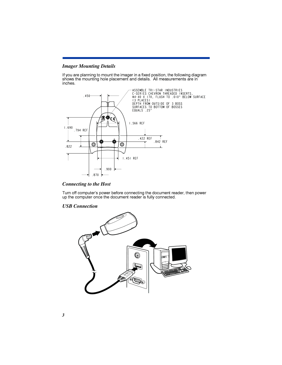 HandHeld Entertainment 4800dr quick start Imager Mounting Details, Connecting to the Host, USB Connection 