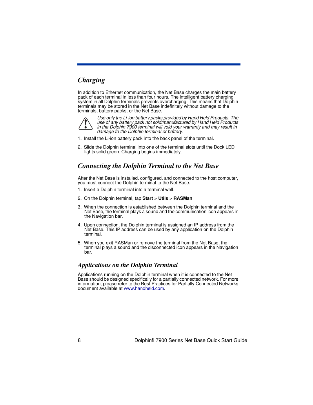 HandHeld Entertainment 7900 quick start Charging, Connecting the Dolphin Terminal to the Net Base 