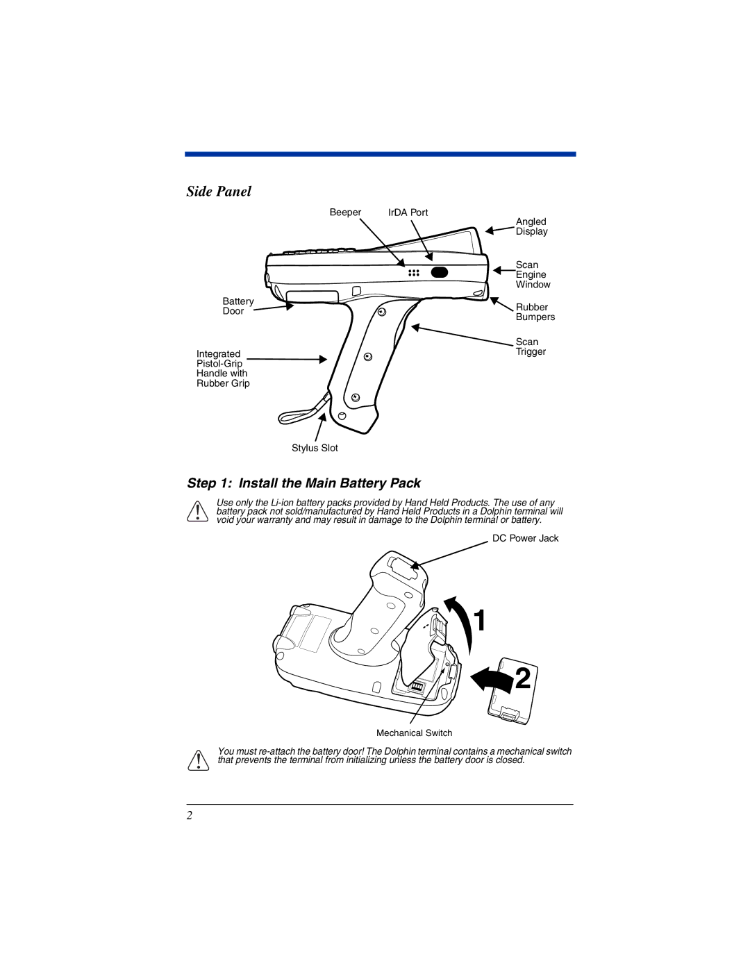 HandHeld Entertainment Dolphin 7850 quick start Side Panel, Install the Main Battery Pack 